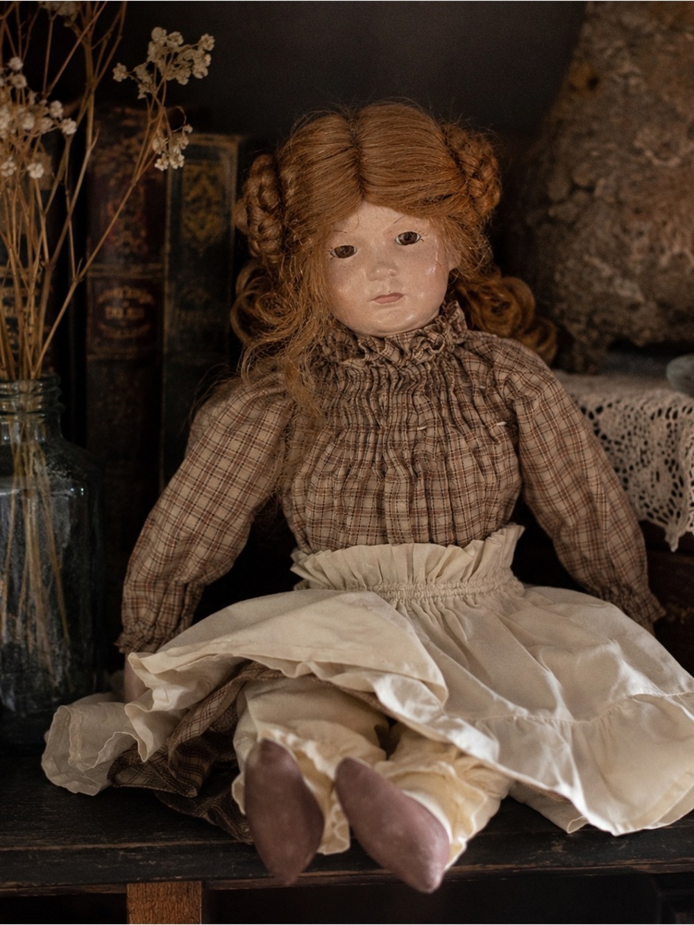 Haunted Composition Doll With Plaid Dress - primitive fabric doll ceramic hands